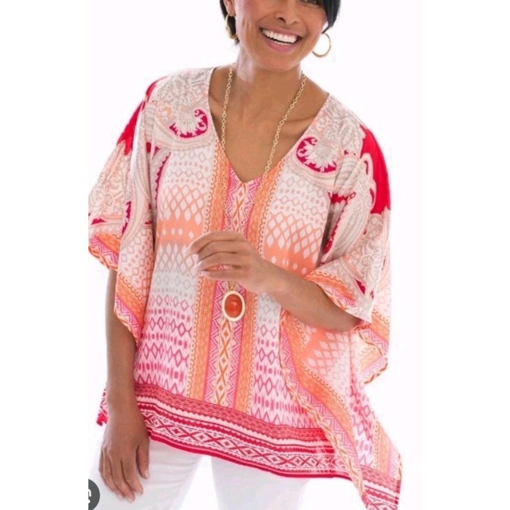 Chico's Paisley Print Kimono Sleeve Satin Blouse Boho Coral Pink Dolman Top S/M